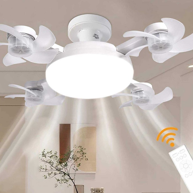 LEO Ceiling Fan with Light Remote Control Lamp for Entryway Living Room Bathroom 4 Heads Fan 55cm (White)